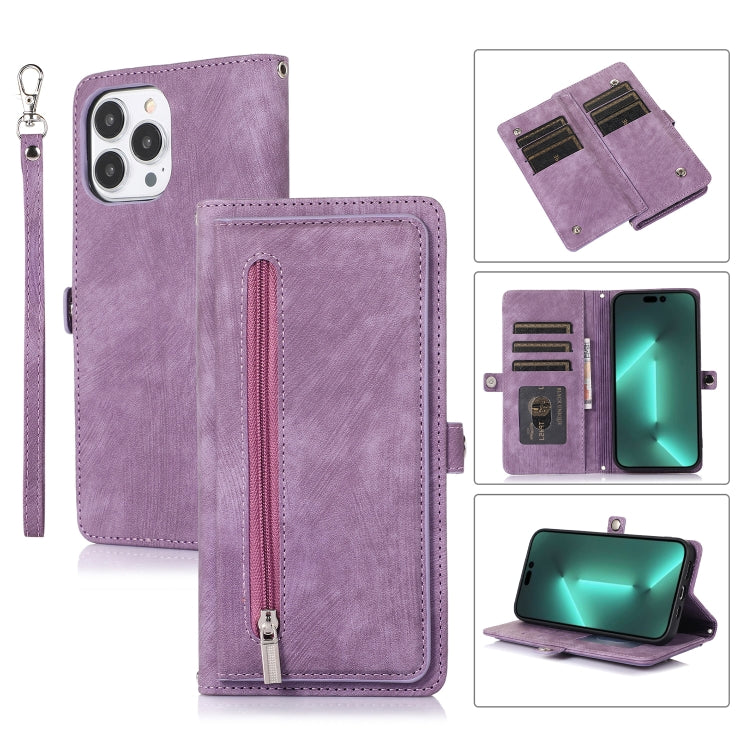 For iPhone 15 Pro Max Zipper Card Slot Buckle Wallet Leather Phone Case(Purple) - HoMEdemic™ 