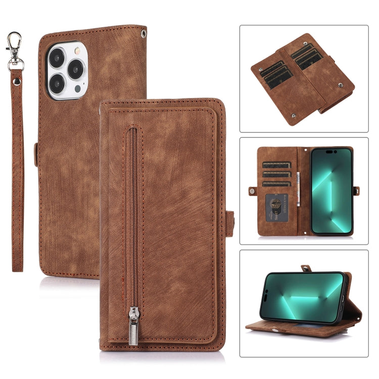 For iPhone 15 Pro Max Zipper Card Slot Buckle Wallet Leather Phone Case(Brown) - HoMEdemic™ 