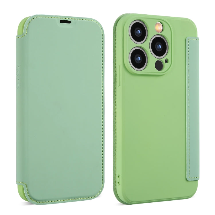 For iPhone 15 Pro Imitate Liquid Skin Feel Leather Phone Case with Card Slots(Tea Green) - HoMEdemic™ 