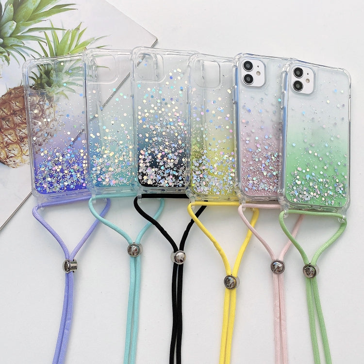 For iPhone 15 Pro Max Gradient Glitter Epoxy TPU Thickened Acrylic Phone Case with Round Neck Lanyard(Purple) - HoMEdemic™ 