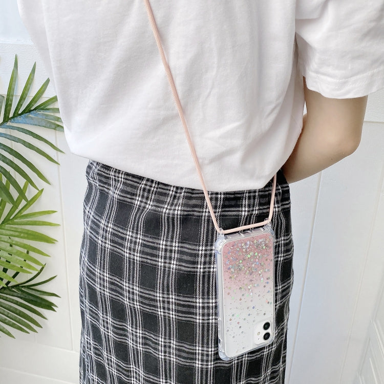 For iPhone 15 Pro Max Gradient Glitter Epoxy TPU Thickened Acrylic Phone Case with Round Neck Lanyard(Purple) - HoMEdemic™ 