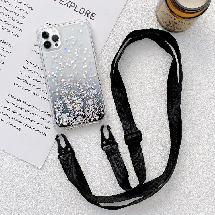 For iPhone 15 Pro Gradient Glitter Epoxy TPU Thickened Acrylic Phone Case with Wide Lanyard(Black) - HoMEdemic™ 