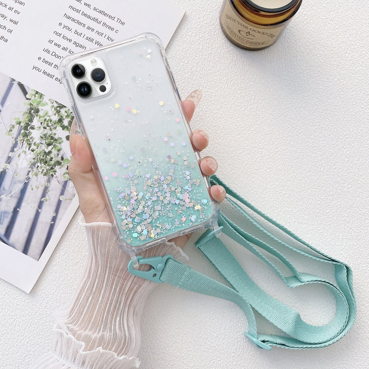 For iPhone 15 Pro Max Gradient Glitter Epoxy TPU Thickened Acrylic Phone Case with Wide Lanyard(Blue) - HoMEdemic™ 