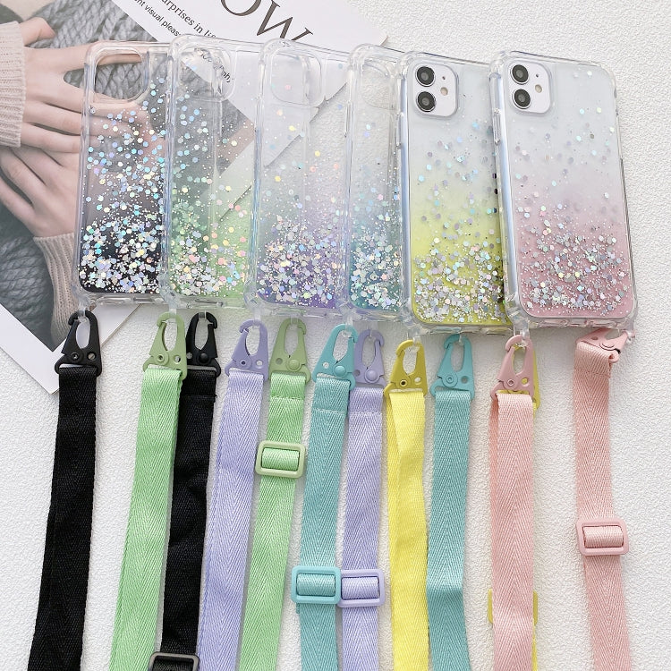 For iPhone 15 Pro Max Gradient Glitter Epoxy TPU Thickened Acrylic Phone Case with Wide Lanyard(Black) - HoMEdemic™ 