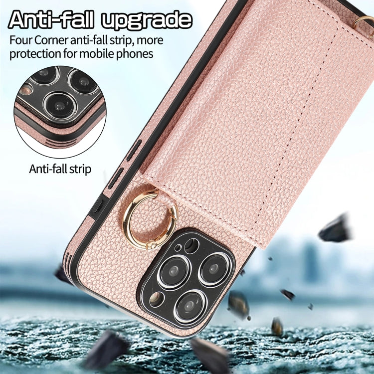 For iPhone 15 Pro Crossbody Ring Wallet Leather Back Cover Phone Case(Pink) - HoMEdemic™ 