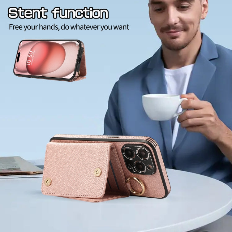 For iPhone 15 Pro Crossbody Ring Wallet Leather Back Cover Phone Case(Pink) - HoMEdemic™ 