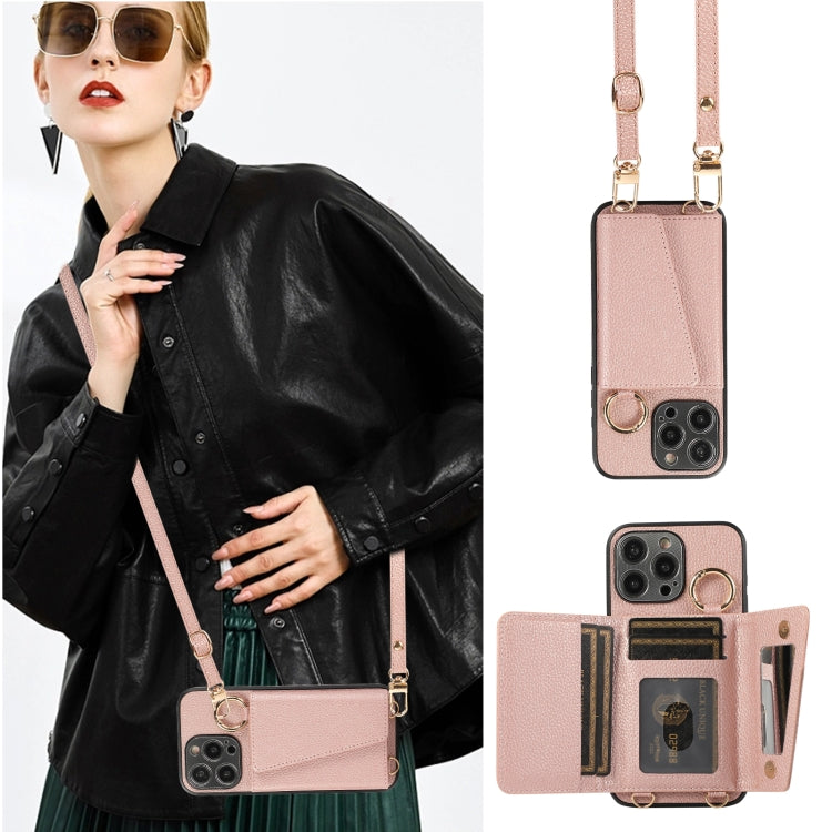 For iPhone 15 Pro Crossbody Ring Wallet Leather Back Cover Phone Case(Pink) - HoMEdemic™ 