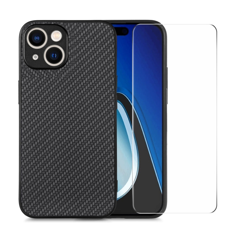 For iPhone 15 Plus ENKAY Fiber Leather Skin PC Phone Case with High Aluminum-silicon Glass Film(Black) - HoMEdemic™ 