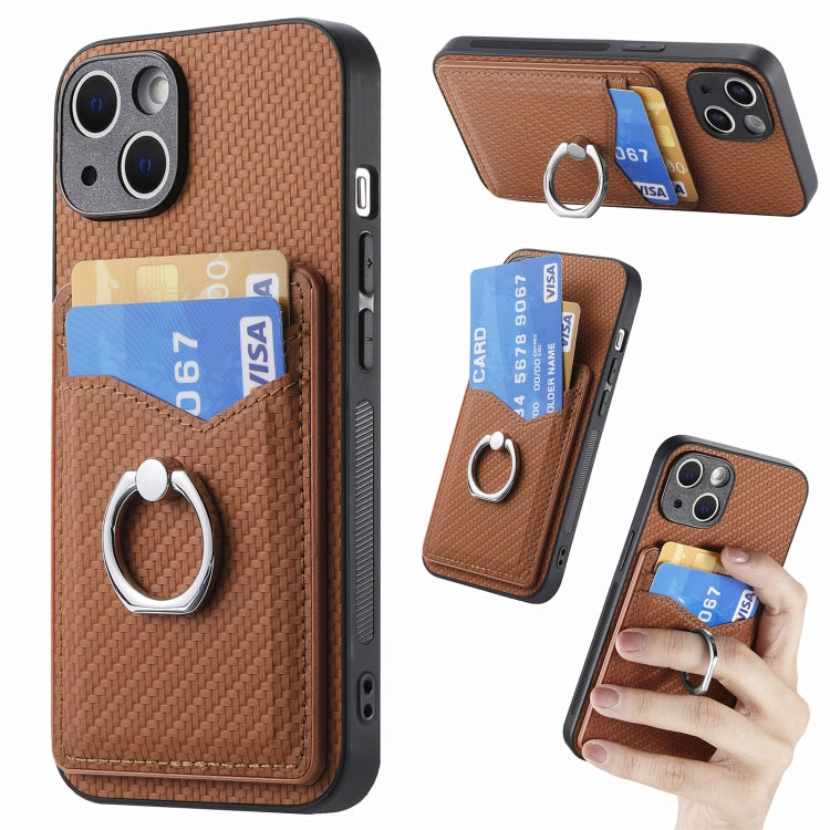 For iPhone 15 Pro Carbon Fiber Card Wallet Ring Holder Phone Case(Brown) - HoMEdemic™ 