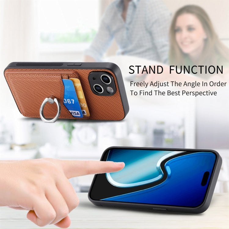 For iPhone 15 Pro Carbon Fiber Card Wallet Ring Holder Phone Case(Brown) - HoMEdemic™ 