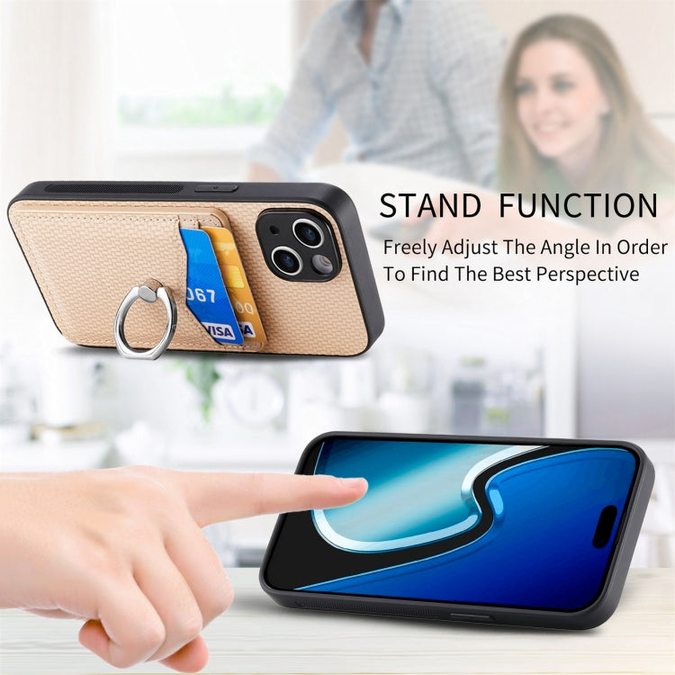 For iPhone 15 Pro Carbon Fiber Card Wallet Ring Holder Phone Case(Khaki) - HoMEdemic™ 