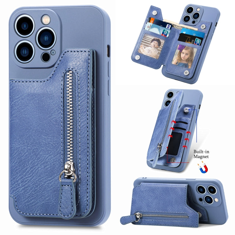 For iPhone 15 Pro Max Zipper Wallet Leather Back Shockproof Phone Case(Blue) - HoMEdemic™ 