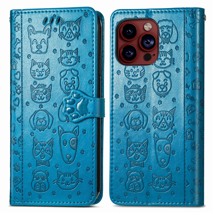 For iPhone 15 Pro Cat and Dog Embossed Leather Phone Case(Blue) - HoMEdemic™ 