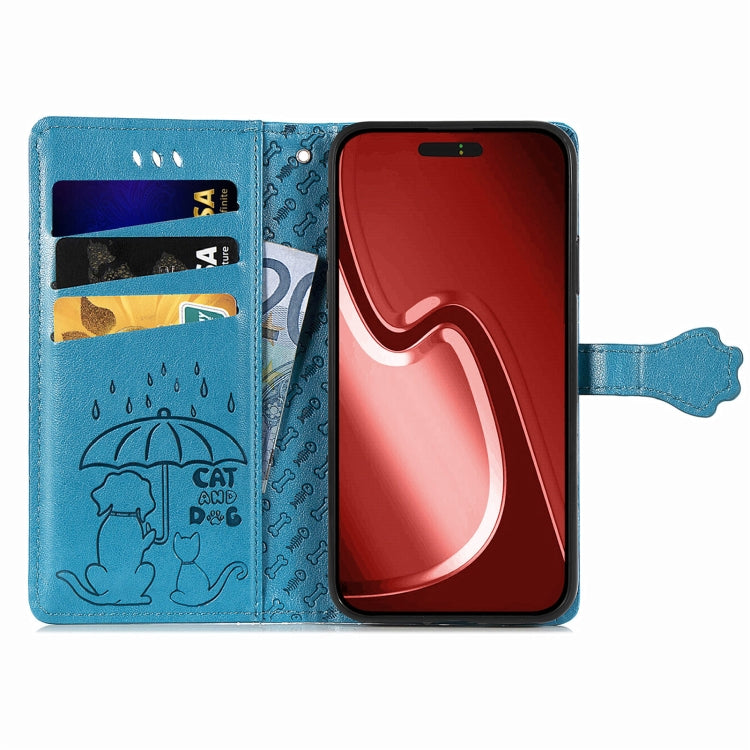For iPhone 15 Pro Cat and Dog Embossed Leather Phone Case(Blue) - HoMEdemic™ 
