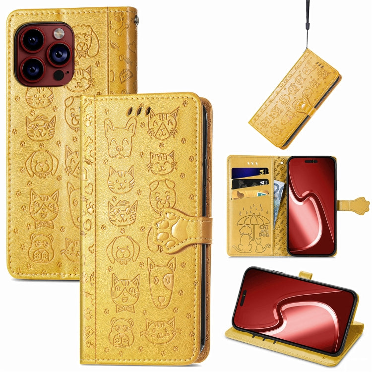 For iPhone 15 Pro Cat and Dog Embossed Leather Phone Case(Yellow) - HoMEdemic™ 