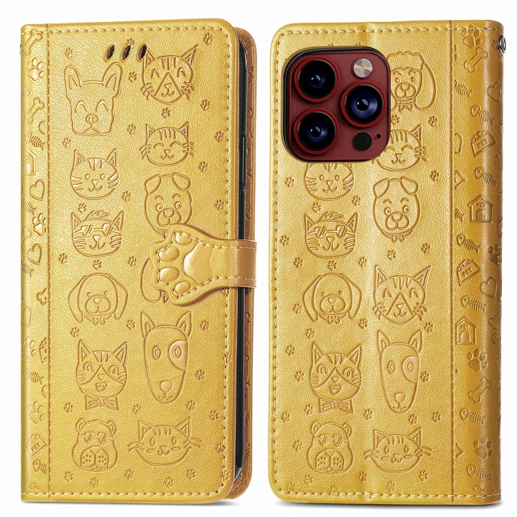 For iPhone 15 Pro Cat and Dog Embossed Leather Phone Case(Yellow) - HoMEdemic™ 