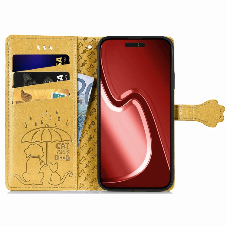 For iPhone 15 Pro Cat and Dog Embossed Leather Phone Case(Yellow) - HoMEdemic™ 
