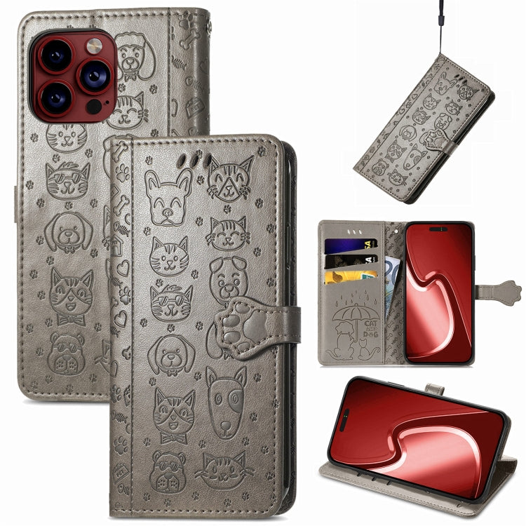 For iPhone 15 Pro Cat and Dog Embossed Leather Phone Case(Gray) - HoMEdemic™ 
