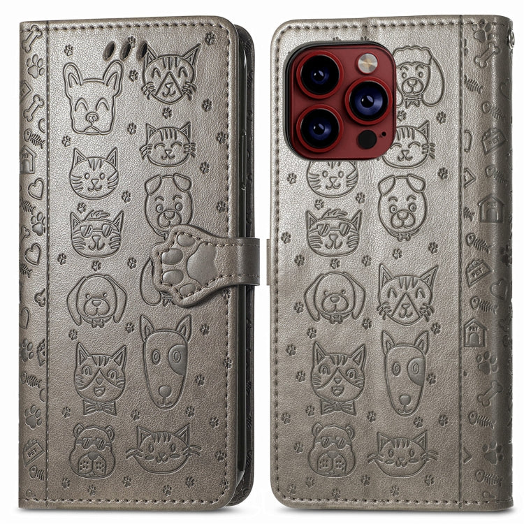 For iPhone 15 Pro Cat and Dog Embossed Leather Phone Case(Gray) - HoMEdemic™ 