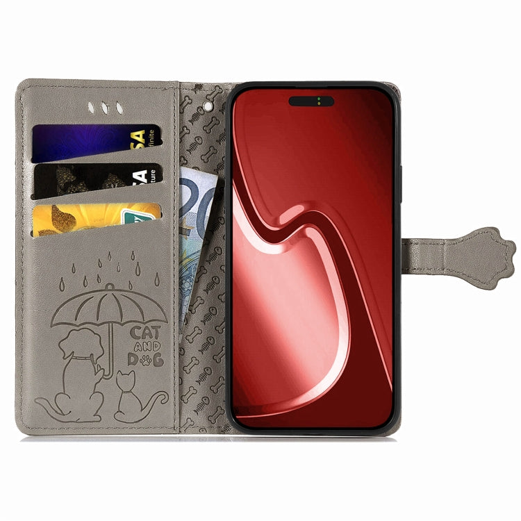 For iPhone 15 Pro Cat and Dog Embossed Leather Phone Case(Gray) - HoMEdemic™ 