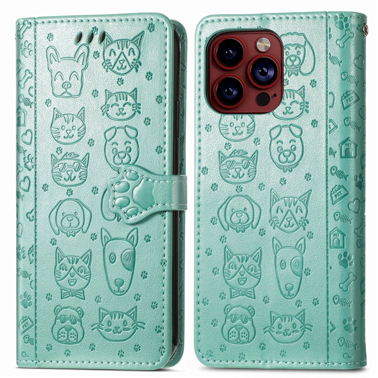 For iPhone 15 Pro Max Cat and Dog Embossed Leather Phone Case(Green) - HoMEdemic™ 
