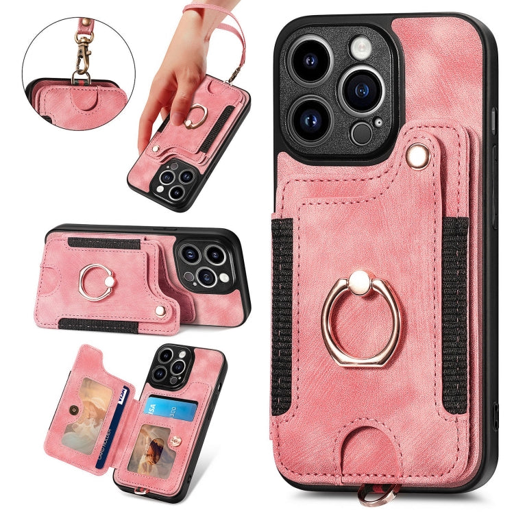 For iPhone 15 Pro Retro Skin-feel Ring Multi-card Wallet Phone Case(Pink) - HoMEdemic™ 