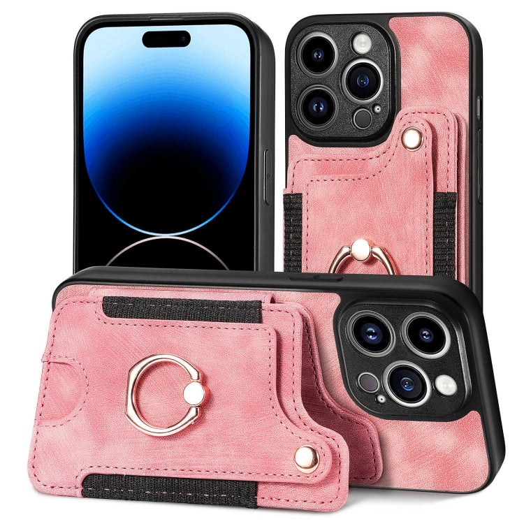 For iPhone 15 Pro Retro Skin-feel Ring Multi-card Wallet Phone Case(Pink) - HoMEdemic™ 