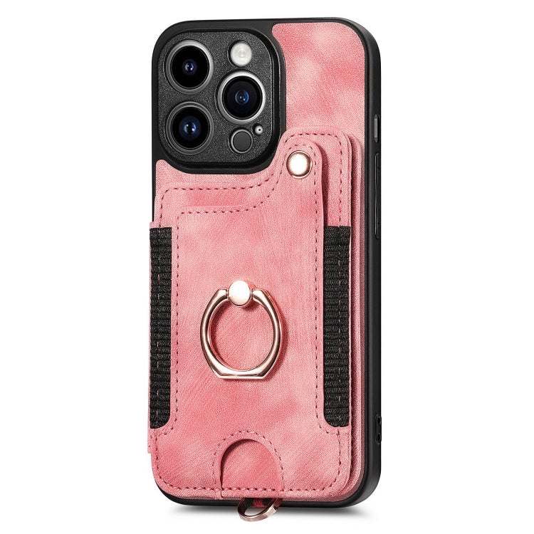 For iPhone 15 Pro Retro Skin-feel Ring Multi-card Wallet Phone Case(Pink) - HoMEdemic™ 