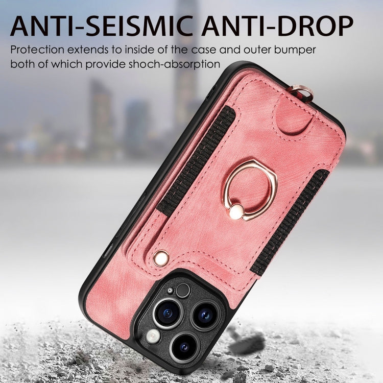 For iPhone 15 Pro Retro Skin-feel Ring Multi-card Wallet Phone Case(Pink) - HoMEdemic™ 