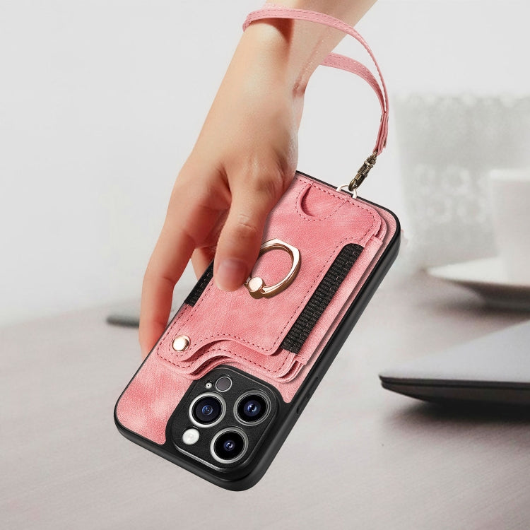 For iPhone 15 Pro Retro Skin-feel Ring Multi-card Wallet Phone Case(Pink) - HoMEdemic™ 