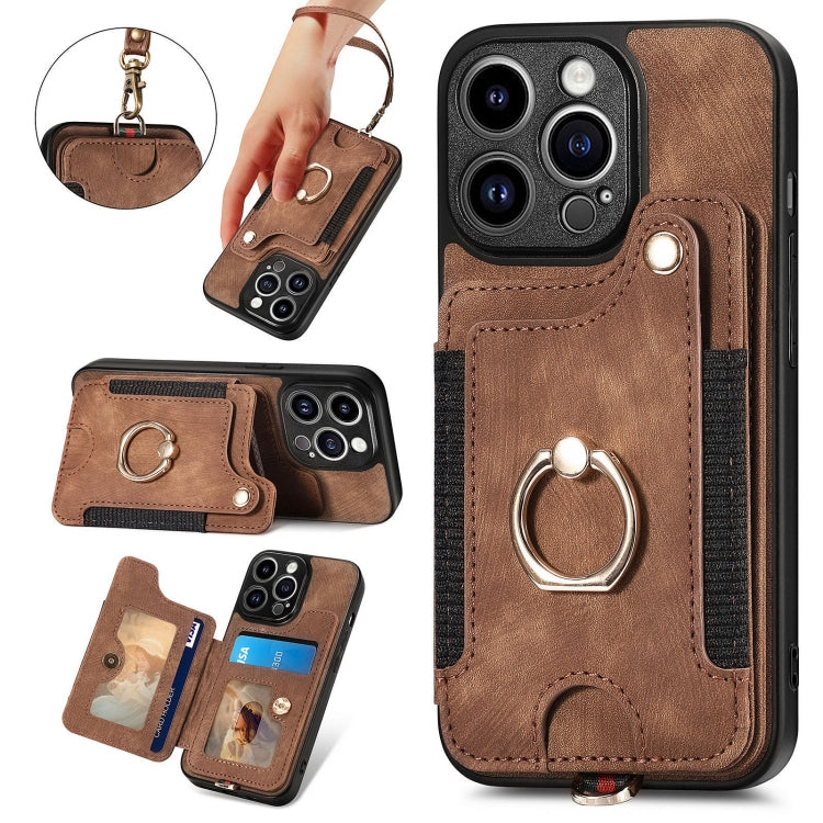 For iPhone 15 Pro Retro Skin-feel Ring Multi-card Wallet Phone Case(Brown) - HoMEdemic™ 
