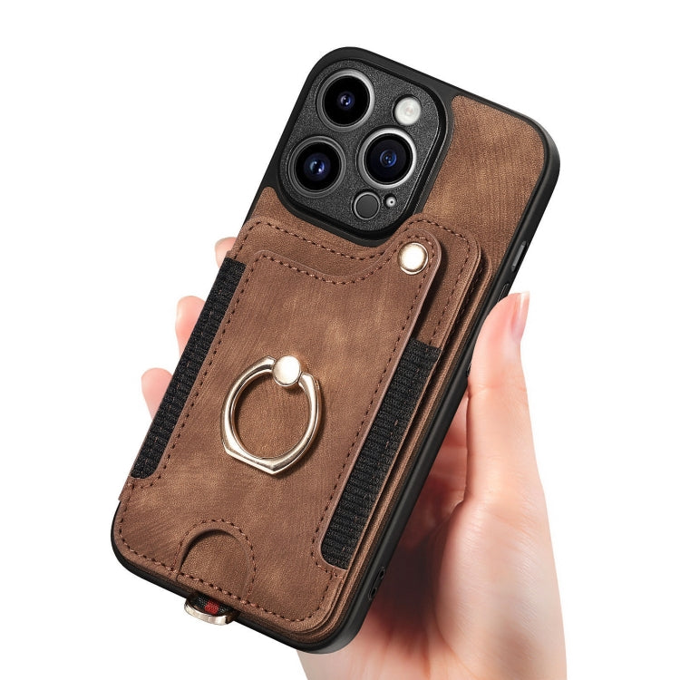 For iPhone 15 Pro Retro Skin-feel Ring Multi-card Wallet Phone Case(Brown) - HoMEdemic™ 