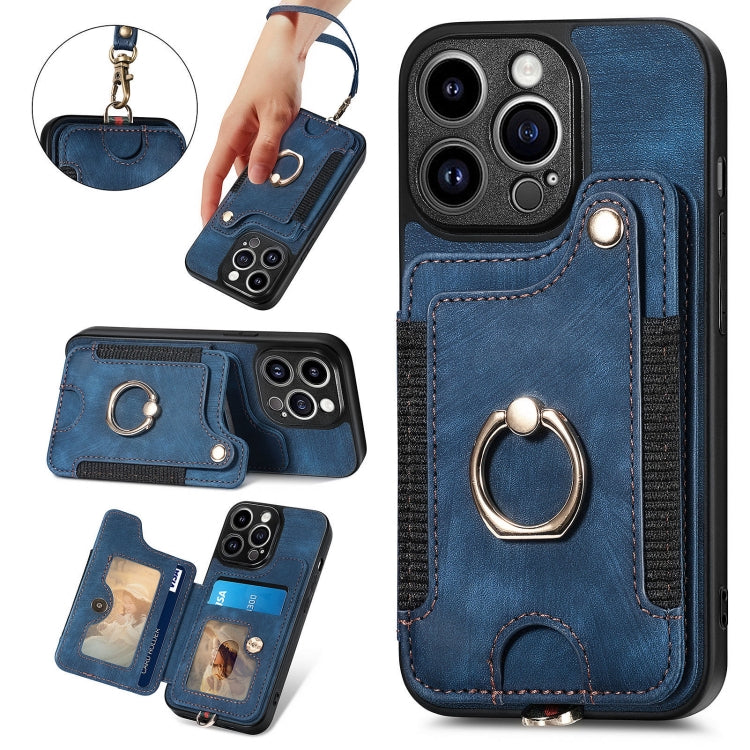 For iPhone 15 Pro Max Retro Skin-feel Ring Multi-card Wallet Phone Case(Blue) - HoMEdemic™ 