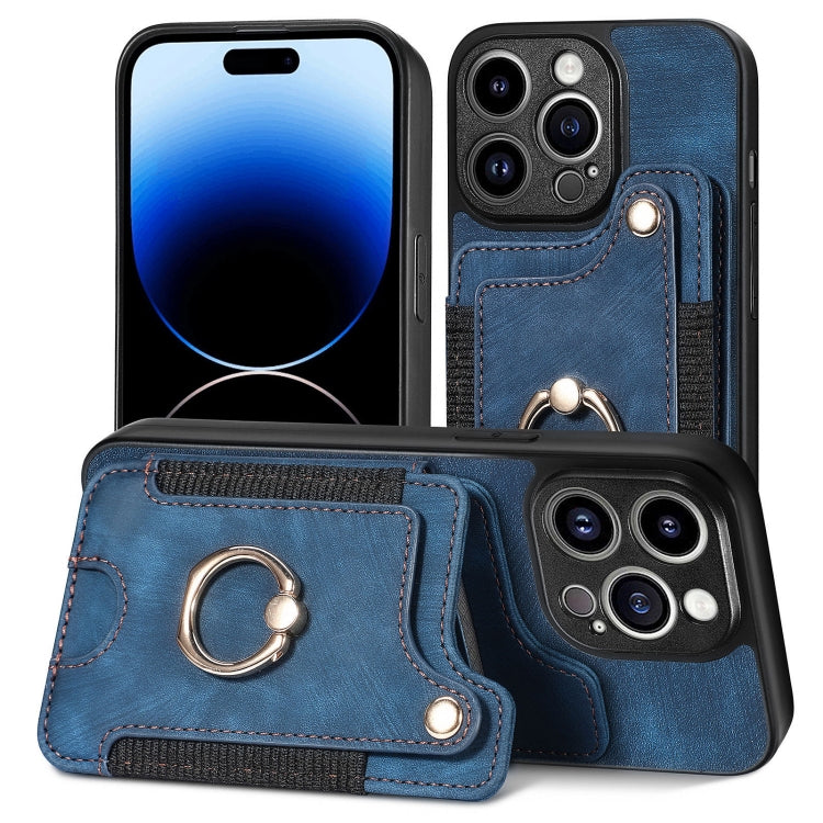 For iPhone 15 Pro Max Retro Skin-feel Ring Multi-card Wallet Phone Case(Blue) - HoMEdemic™ 