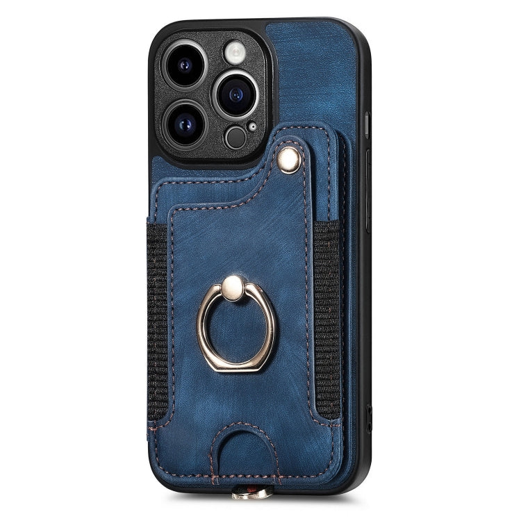 For iPhone 15 Pro Max Retro Skin-feel Ring Multi-card Wallet Phone Case(Blue) - HoMEdemic™ 
