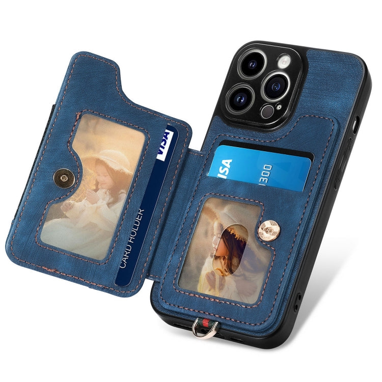 For iPhone 15 Pro Max Retro Skin-feel Ring Multi-card Wallet Phone Case(Blue) - HoMEdemic™ 