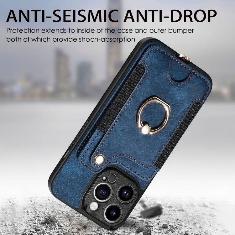 For iPhone 15 Pro Max Retro Skin-feel Ring Multi-card Wallet Phone Case(Blue) - HoMEdemic™ 