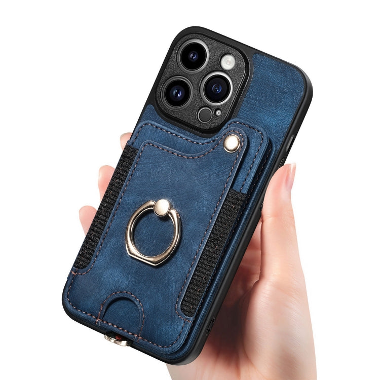 For iPhone 15 Pro Max Retro Skin-feel Ring Multi-card Wallet Phone Case(Blue) - HoMEdemic™ 