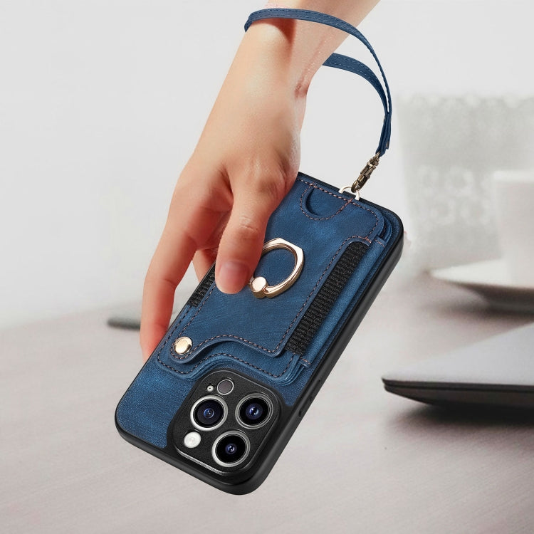 For iPhone 15 Pro Max Retro Skin-feel Ring Multi-card Wallet Phone Case(Blue) - HoMEdemic™ 