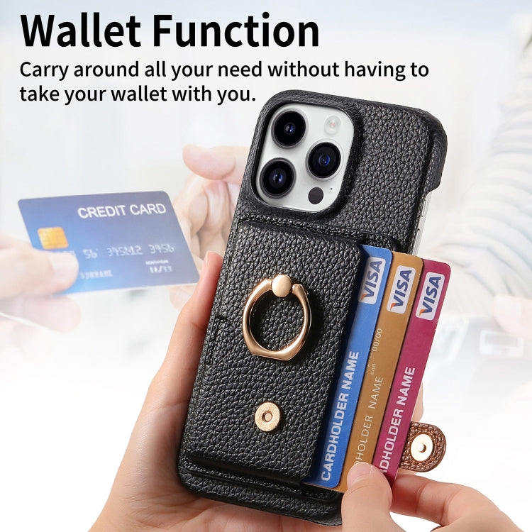 For iPhone 15 Pro Max Litchi Leather Oil Edge Ring Card Back Phone Case(Black) - HoMEdemic™ 