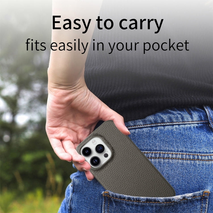 For iPhone 15 Pro Max Litchi Oil Edge Leather Back Phone Case(Grey) - HoMEdemic™ 