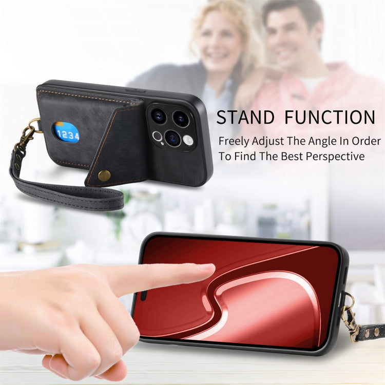 For iPhone 15 Pro Max Retro Card Wallet Fold Leather Phone Case with Strap(Black) - HoMEdemic™ 