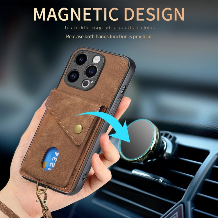 For iPhone 15 Pro Max Retro Card Wallet Fold Leather Phone Case with Strap(Brown) - HoMEdemic™ 