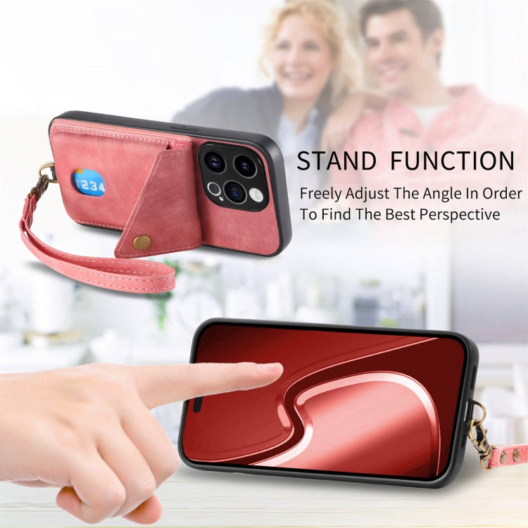 For iPhone 15 Pro Max Retro Card Wallet Fold Leather Phone Case with Strap(Pink) - HoMEdemic™ 