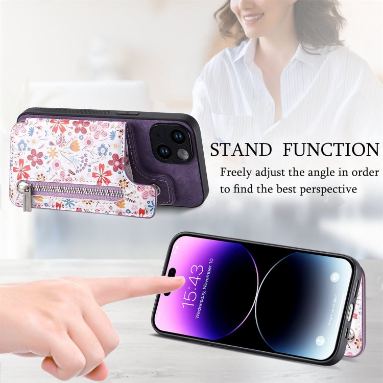 For iPhone 15 Pro Retro Painted Zipper Wallet Back Phone Case(Purple) - HoMEdemic™ 