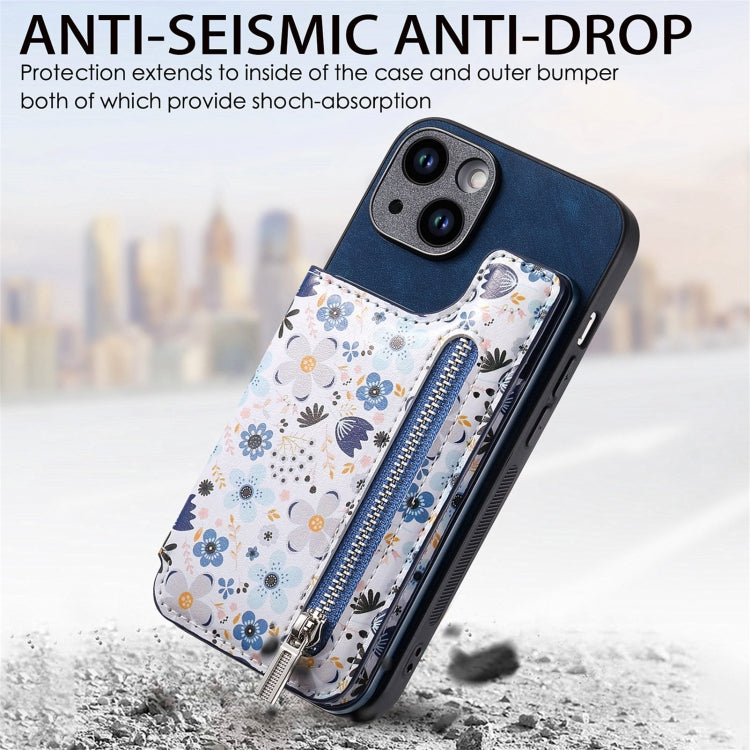 For iPhone 15 Pro Retro Painted Zipper Wallet Back Phone Case(Blue) - HoMEdemic™ 