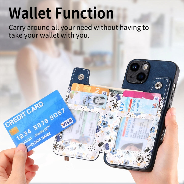 For iPhone 15 Pro Retro Painted Zipper Wallet Back Phone Case(Blue) - HoMEdemic™ 