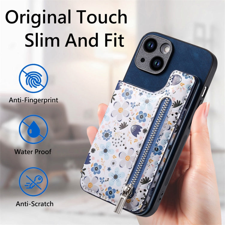 For iPhone 15 Pro Retro Painted Zipper Wallet Back Phone Case(Blue) - HoMEdemic™ 