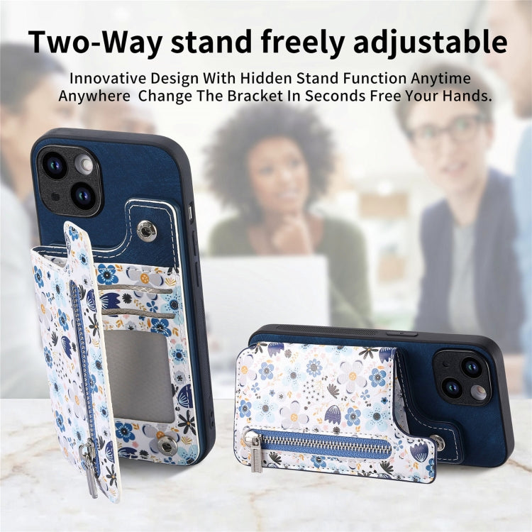 For iPhone 15 Pro Retro Painted Zipper Wallet Back Phone Case(Blue) - HoMEdemic™ 