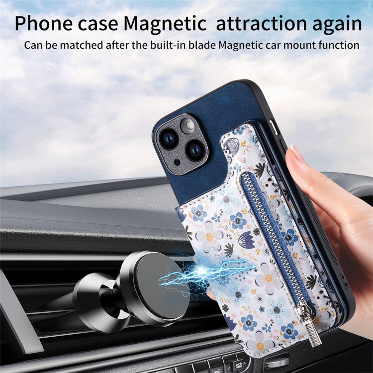 For iPhone 15 Pro Retro Painted Zipper Wallet Back Phone Case(Blue) - HoMEdemic™ 